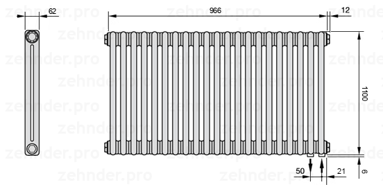 Схема (чертеж) Радиатор Zehnder Charleston 2110/21 №5510 Белый глянцевый RAL 9016